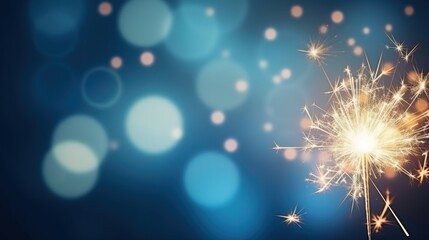 Obraz premium A vibrant sparkler burns brightly against a backdrop of soft, blue bokeh lights, creating a festive and celebratory atmosphere.