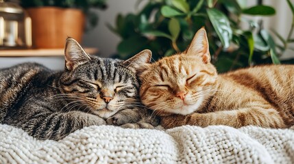 Naklejka premium Two sleeping cats, one gray tabby and one orange tabby, snuggled together peacefully.