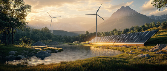 Renewable energy system concept: solar panels, wind turbines, and Li-ion batteries in nature