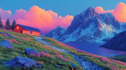 Cozy cabin by the lake surrounded by snowy mountains and wildflowers