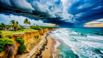 dramatic coastline with eroded cliffs and stormy skies, showcasing natures power