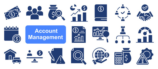 Account management icon collection set. Containing client engagement, retention, sales support, verified, business presentation, contract negotiation, upselling icon. Simple line vector illustration.