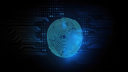 A glowing blue digital fingerprint set against a dark background, representing technology and security in a futuristic and visually striking manner.