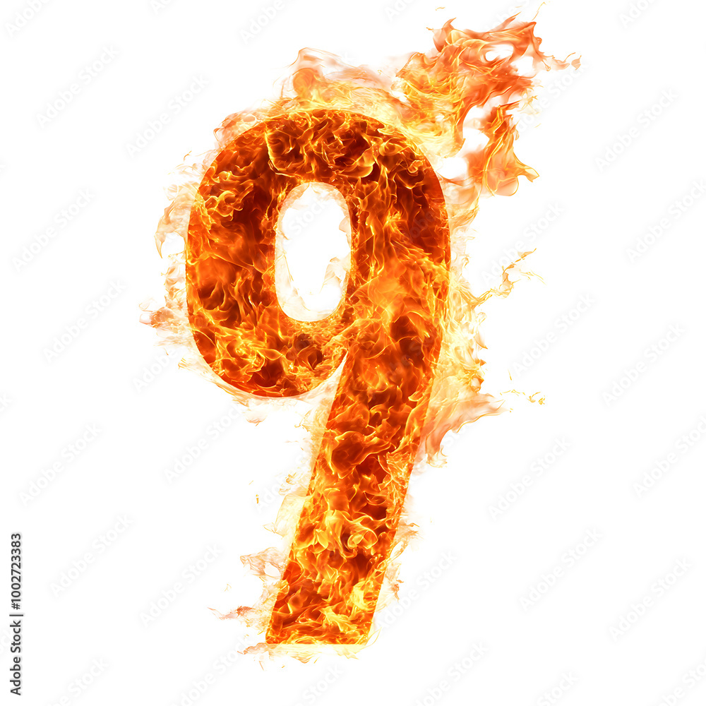 Poster A striking and dramatic image of a fiery number 9 surrounded by intense,swirling flames and a scorching,fiery background. The number is engulfed in a powerful inferno,creating a bold.