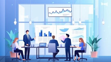 Professionals in a formal meeting setting, engaged in a lively discussion with charts and graphs displayed on screens in a modern conference room.
