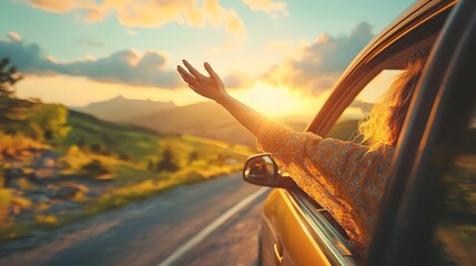 A young woman enjoying a sunset drive, with her hand playfully reaching out the car window.