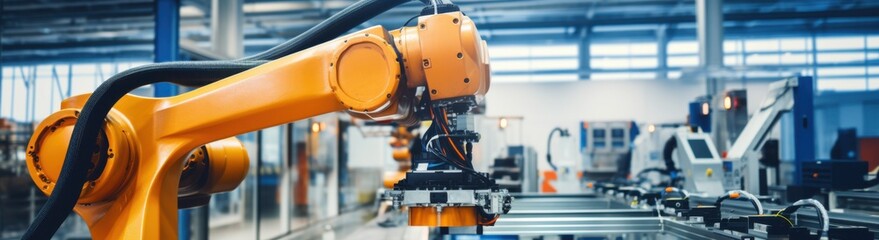 An automated industrial robotic arm works with precision in a high-tech manufacturing setting, highlighting innovation and efficiency.