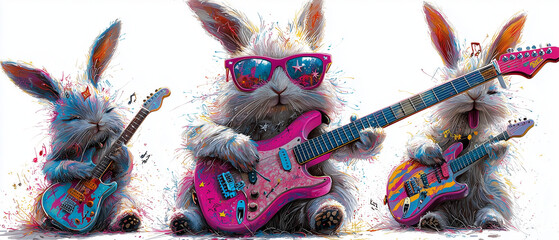 A funky bunny rocking out with a neon pink electric guitar. The bunny wears star-shaped sunglasses, and its long ears flow with musical notes in vibrant colors. 