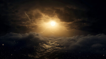 Naklejka premium Dramatic storm clouds with lightning and sun rays