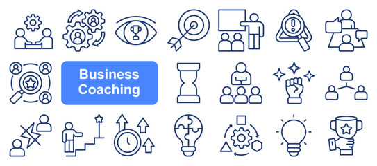 Business coaching icon set with communication skills, executive, solution, training, mentoring, problem solving, adaptability, business acumen, and strategic agility.