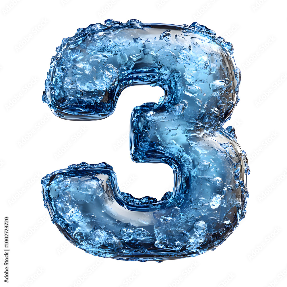 Poster a stunning 3d numerical digit three rendered in an abstract, frozen liquid crystal wave formation wi