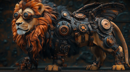 A majestic lion in a steampunk outfit with bronze goggles, a top hat, and mechanical wings. Its mane is interwoven with copper gears and cogs.