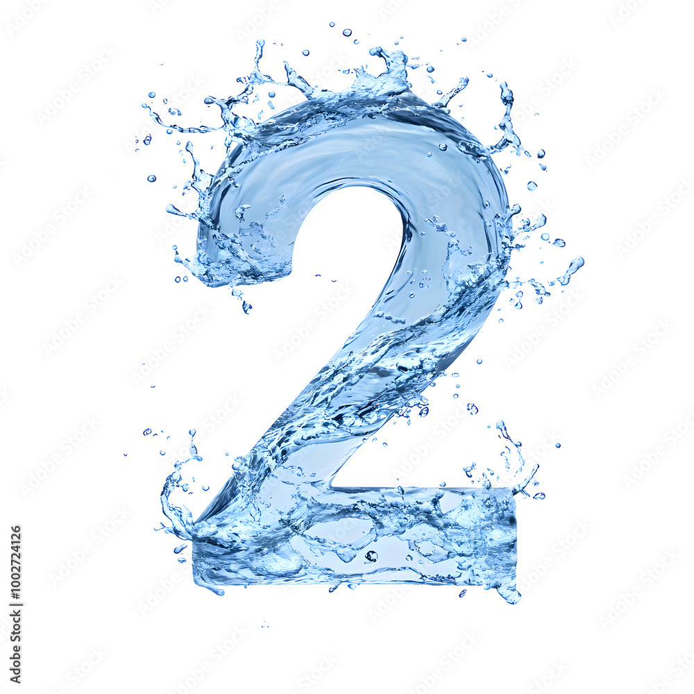 Poster Abstract design featuring the number 2 created with dynamic water splash effects,flowing liquid droplets,and transparent geometric shapes in a minimalist,modern style.