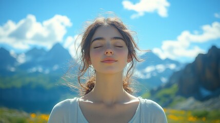 Woman meditating with closed eyes in mountain landscape, great for wellness, mindfulness, and outdoor lifestyle promotions
