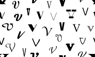 Vector seamless alphabet pattern with black bold latin letters. White repeatable unusual background. Fashion trendy design. Seamless black alphabet pattern on white. Letter v