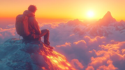 Obraz premium Hiker with a backpack sitting on a rocky peak overlooking a cloud-filled valley and distant mountains at sunrise