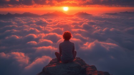 Man meditating on the edge of a cliff overlooking a sea of clouds at sunset, great for mindfulness, meditation, and outdoor adventure promotions