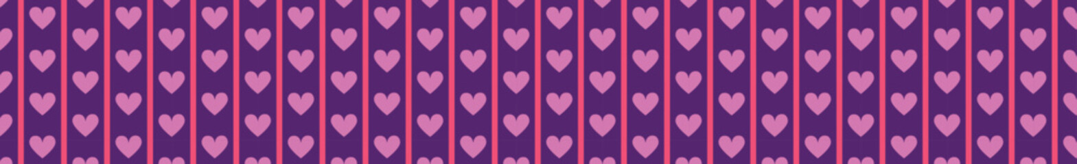 A repeating pattern of pink hearts on a purple background, creating a vibrant and playful design.