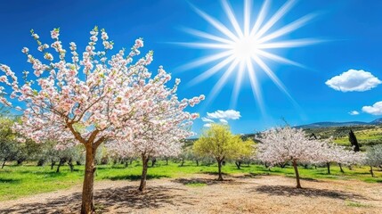 Obraz premium Sunny Blooming Almond Trees in Scenic Grove
