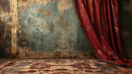 Exquisite vintage fabric backdrop featuring a rich color palette and intricate textures creating a dramatic and opulent atmosphere ideal for a retro themed studio decor or photography setting