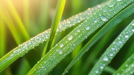 Naklejka premium Sunlit Dewdrops on Grass, Blades glisten with morning dew, light filters through creating a serene atmosphere, ideal backdrop for nature-inspired messages or quotes