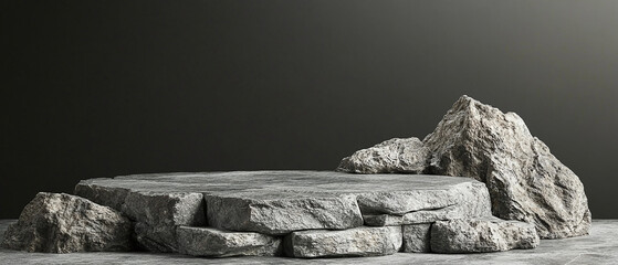 Stone podium with rocks and snags on a grey background, ideal for showcasing products with copy space