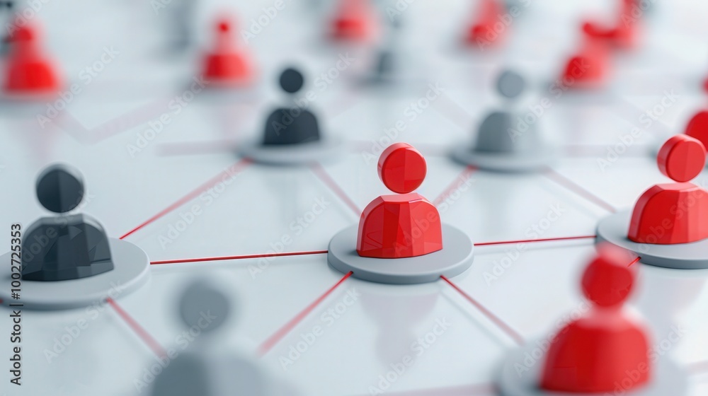 Poster interconnected avatars in red and gray against a white backdrop, symbolizing a dynamic social web an
