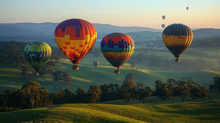 Fototapeta premium A vivid scene of rainbow-colored hot air balloons floating over lush green fields. The sky is clear and the colors of the balloons contrast beautifully with the natural landscape below.