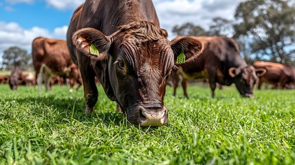 Brown cow grazing in a lush green field under a cloudy sky.