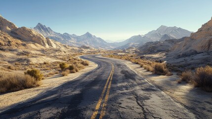 A winding highway through a desolate desert landscape, ultra detailed