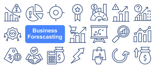Business forecasting icon collection set. Containing prediction, analyze, data, trend, budgeting, accuracy, strategy icon. Simple flat color illustration