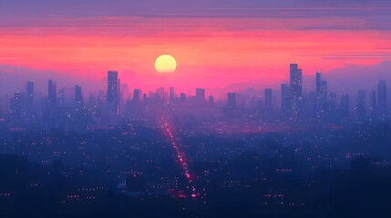 Fototapeta premium A vibrant city skyline at sunset with a colorful horizon and glowing lights.