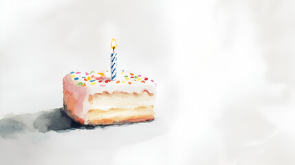 birthday cake with candle on top, Happy birthday watercolor hand painting illustration for greeting card idea.