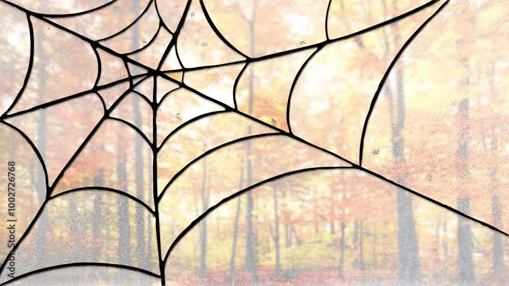 Wall mural halloween autumn spider web window 4k loop features a stained glass window with spider web panes wit