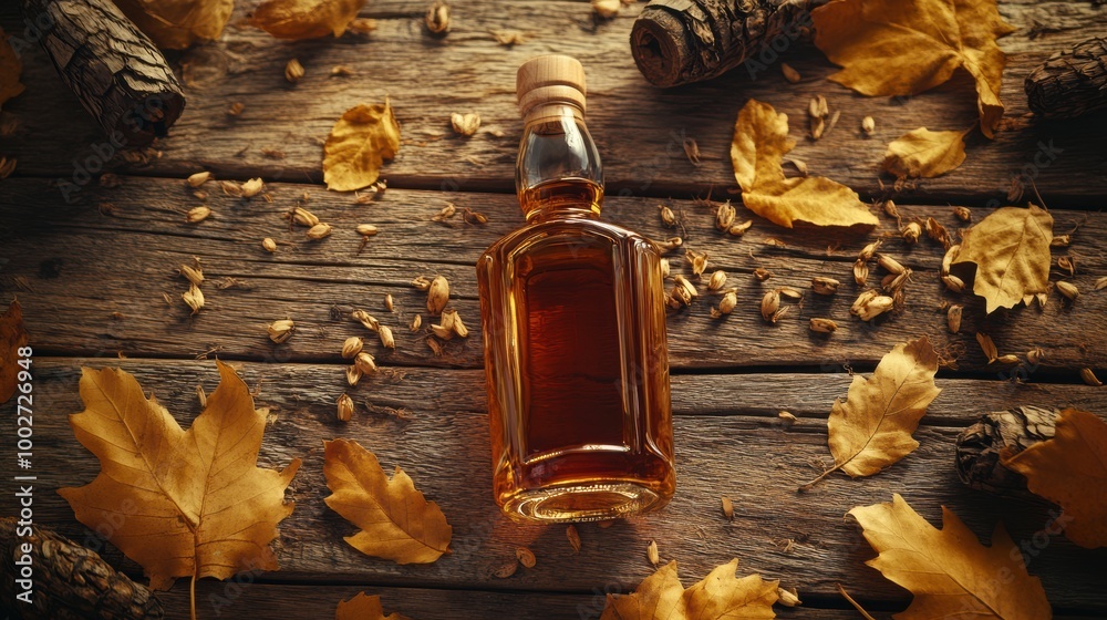 Poster a close-up of a whiskey bottle surrounded by autumn leaves and rustic wooden elements in a cozy sett