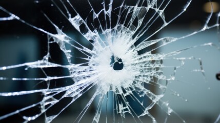 A close-up of a shattered glass partition with a central impact point, highlighting the intricate cracks and shards spreading outwards.