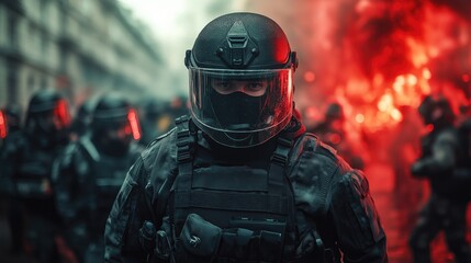 RIOT POLICEMAN staring right at the camera in the middle of a MASSIVE PROTEST with TEAR GAS. POLICIER d'&eacute;meute fixant la cam&eacute;ra au milieu d'une MANIFESTATION MASSIVE avec du gaz lacrymog&egrave;ne.
