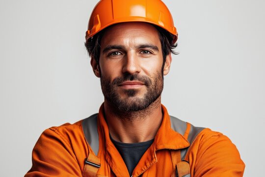 Ing&eacute;nieur ou ouvrier en construction en portrait sur fond blanc. Construction engineer or worker in portrait on white background.