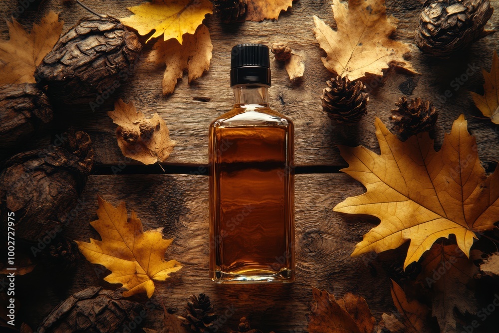 Poster a close-up view of a whiskey bottle surrounded by autumn leaves and pinecones on a rustic wooden tab