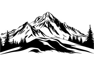 black and white mountain range with trees wall art, symbolic landscapes stencil art outdoor scenes vector illustration