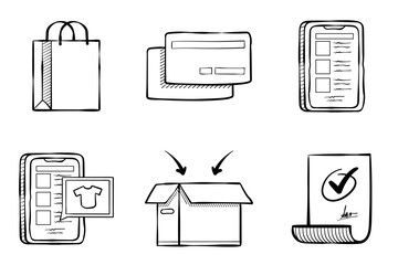 Hand drawn business and e-commerce illustration set. Finance and marketing sketch hand drawn doodle icon. Business elements. Vector illustration
