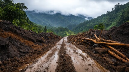 Muddy road through a lush mountainous landscape after rain