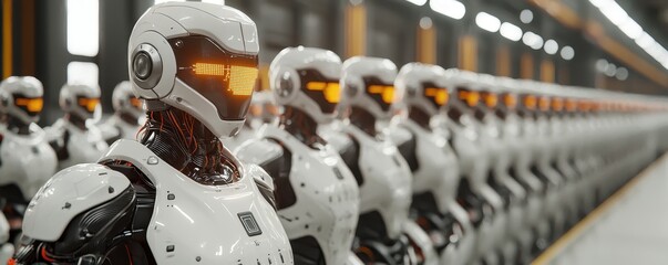 Fototapeta premium Industrial production line with robotic exoskeletons assisting human workers, AI-enhanced safety systems, and seamless coordination between machines