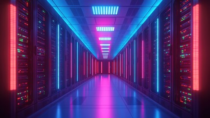 High-tech server room, rows of glowing data servers with cooling systems, digital streams of data flowing in the air, vibrant blue tones
