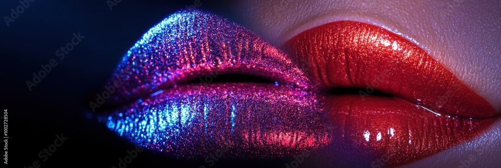Poster close-up of glossy lips showcasing a vibrant shiny finish with contrasting colors in a well-lit stud