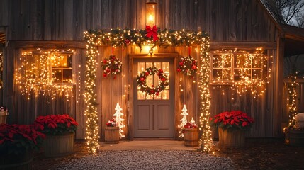 Rustic holiday lights creating a warm and inviting Christmas backdrop with a festive cabin or farmhouse entrance  Cozy winter landscape with wooden door wreath and snowy trees