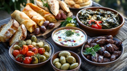 A vibrant selection of Greek delicacies like moussaka, souvlaki, tzatziki, and stuffed grape leaves, displayed on a rustic table with olives and bread.
