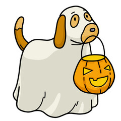 a dog wearing a ghost costume and nibbling on a basket of candy