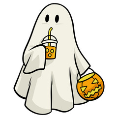 A cute ghost holding a drink and candy basket