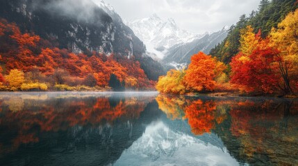 The autumn landscape of Jiuzhaigou is adorned with brilliant orange, red, and yellow trees lining the calm waters, while majestic mountains rise in the background under a misty sky